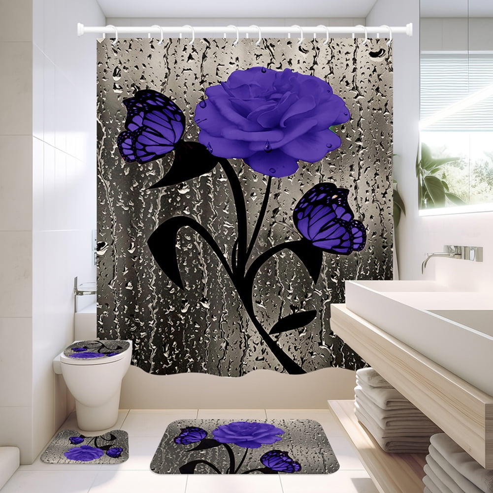 4 Pcs Bathroom Shower Curtain Set Blue Rose Shower Curtain Bathroom Sets Valentine's Day Shower Curtain Sets with Rugs(Bath Mat,U Shape and Toilet Lid Cover Mat) and 12 Hooks