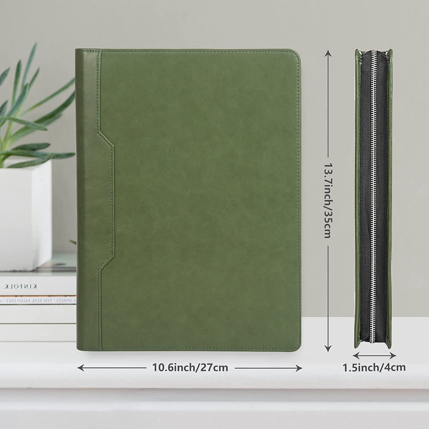 LeatherBelief Portfolio 3 Ring Binder,Vegan Leather Portfolio Binder with Zipper,Business Padfolio Organizer Notepad Holder,Portfolio Folder with Tablet for ipad Pro 13 MacBook,Green