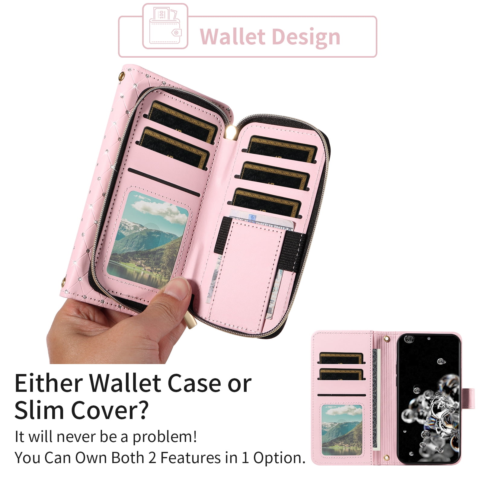 Asuwish Wallet Phone Case for Samsung Galaxy S20 Ultra 5G Tempered Glass Screen Protector Bling Glitter Crossbody Lanyard Strap Flip Zipper Purse Card Holder Cell Cover S20ultra 20S 20U 20ultra Pink