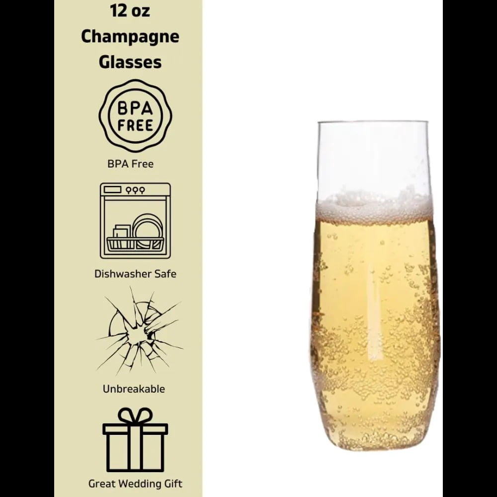 D'Eco Unbreakable 12 oz Champagne Flutes (Set of 8) - 100% Tritan Reusable Mimosa & Champagne Glasses - Perfect Cocktail Glasses for Hosting Parties Indoors & Out - Great Graduation Gift