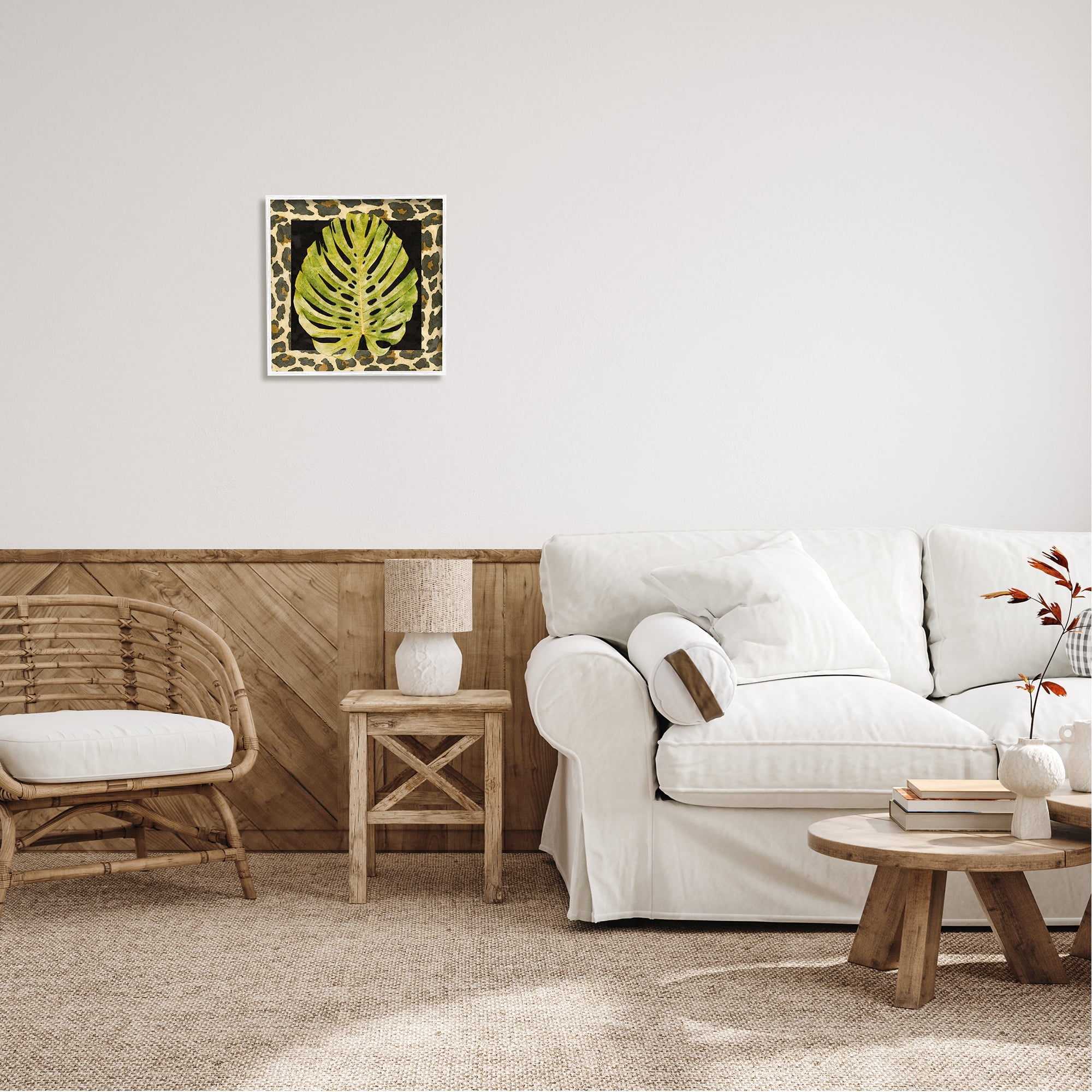 Stupell Industries Monstera on Leopard Pattern Botanical & Floral Painting White Framed Art Print Wall Art, 17 x 17