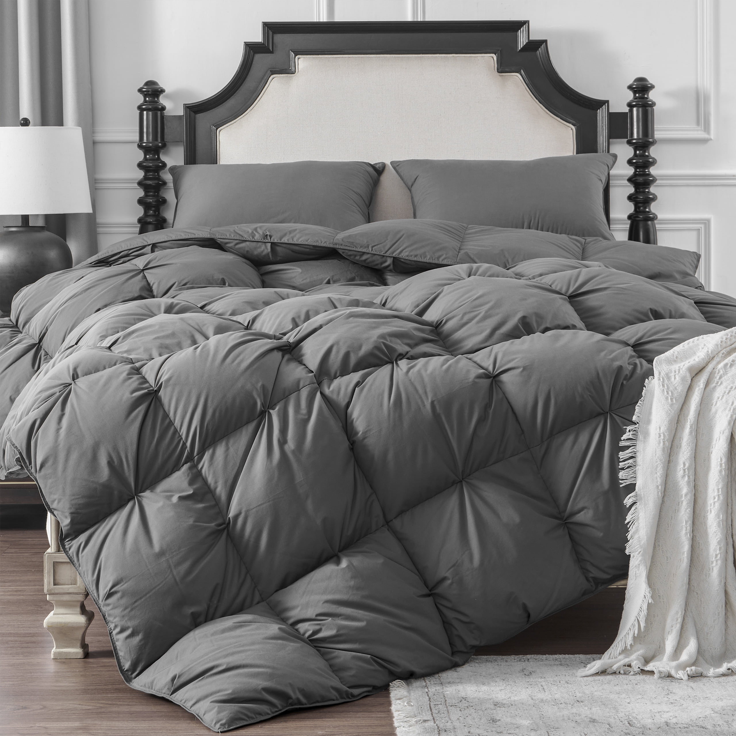 Pinch Pleat Goose Down Comforter All Season-Ultra Soft and Cozy Noiseless Duvet Insert with Egyptian Cotton Cover, Fluffy Warm Comforter