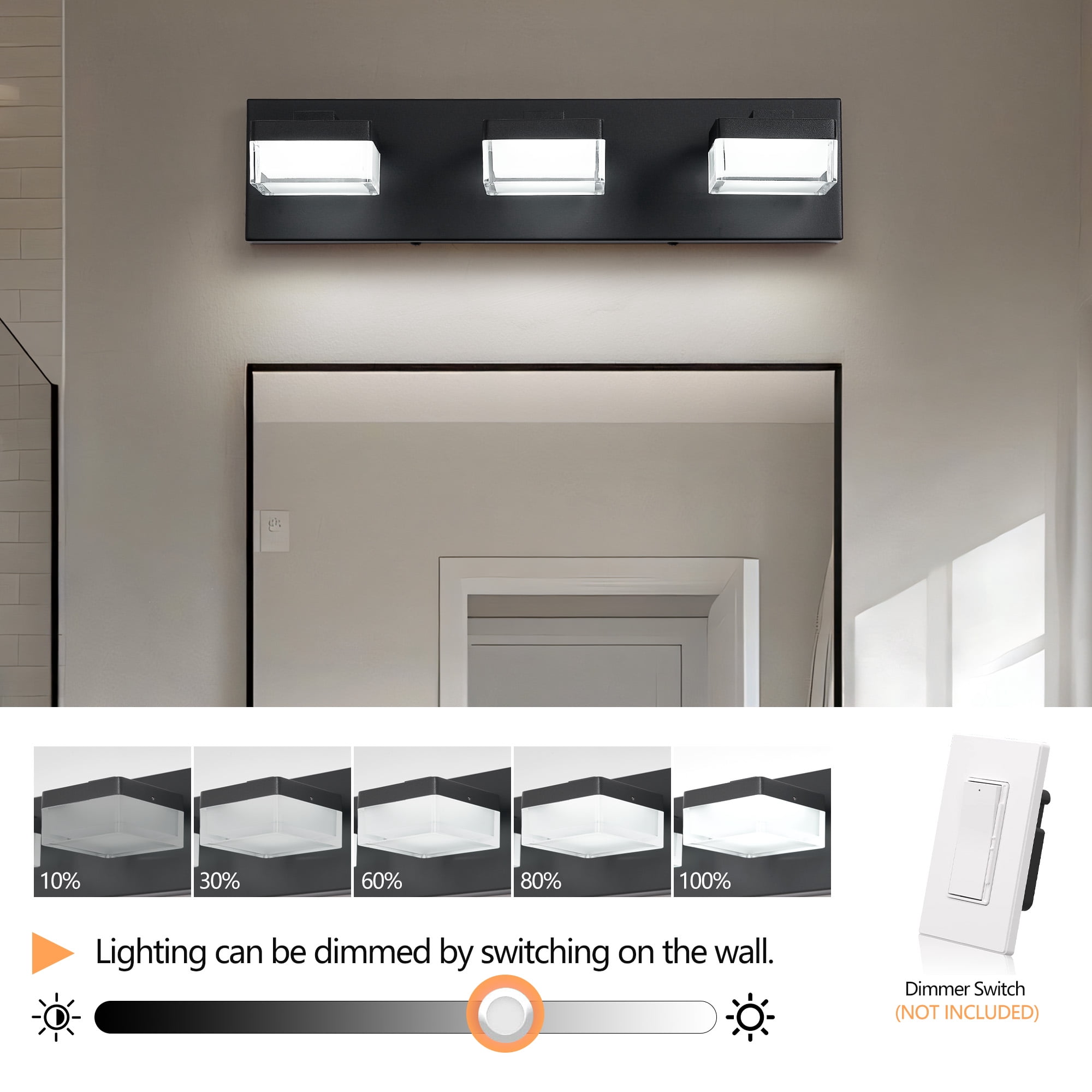 Modern LED Vanity Light for Bathroom, 3-Light Matt Black with Transparent Acrylic, 18W Energy Saving Wall Lamp Above Mirror, Easy Install US Junction Box