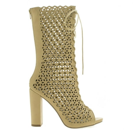 

Program by Paprika Peep Toe Geometric Cutout Lace Up Chunky Heel Boots