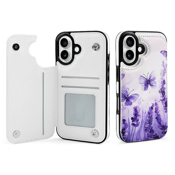 Compatible with iPhone 11 12 13 mini 14 15 16 Pro Max Plus Wallet Case with Card Holder, PU Leather Kickstand Card Slots Case ( Lavender Butterfly Flying, iPhone 16)