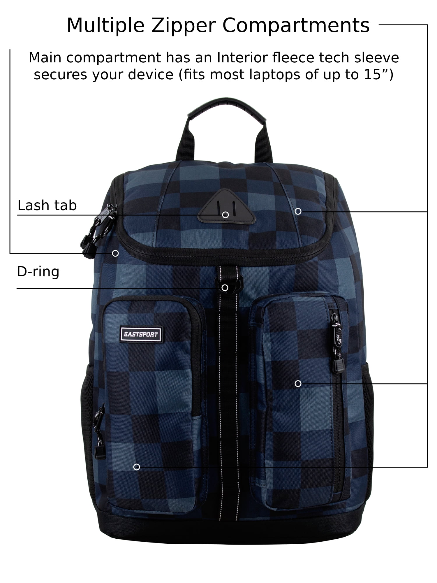 Eastsport Unisex Theo Top Loader Backpack, Blue Black Plaid