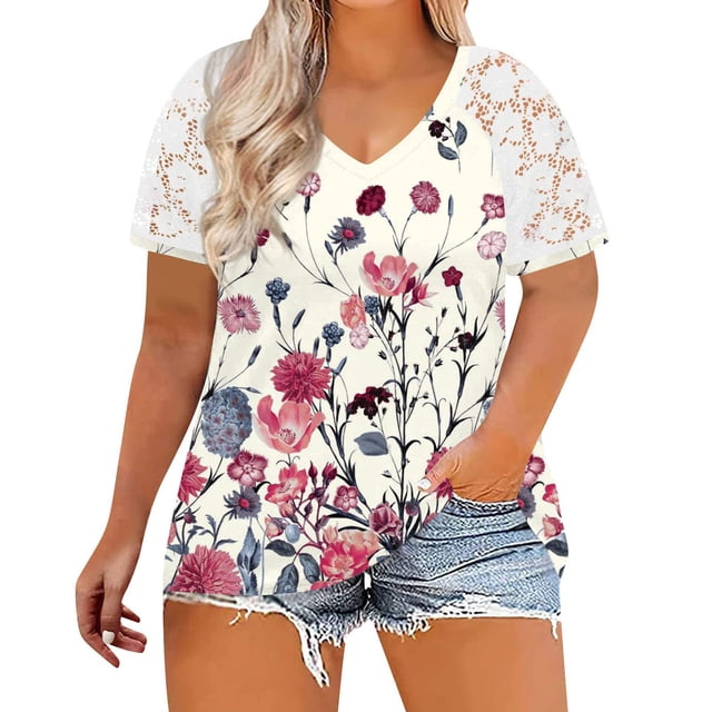 Hauts d'Été Grande Taille en Dentelle pour Femmes Blouses d'Été Patchwork Imprimé Amples Grande Taille Col en V Manches Courtes T-Shirts Col en V Femmes en Solde