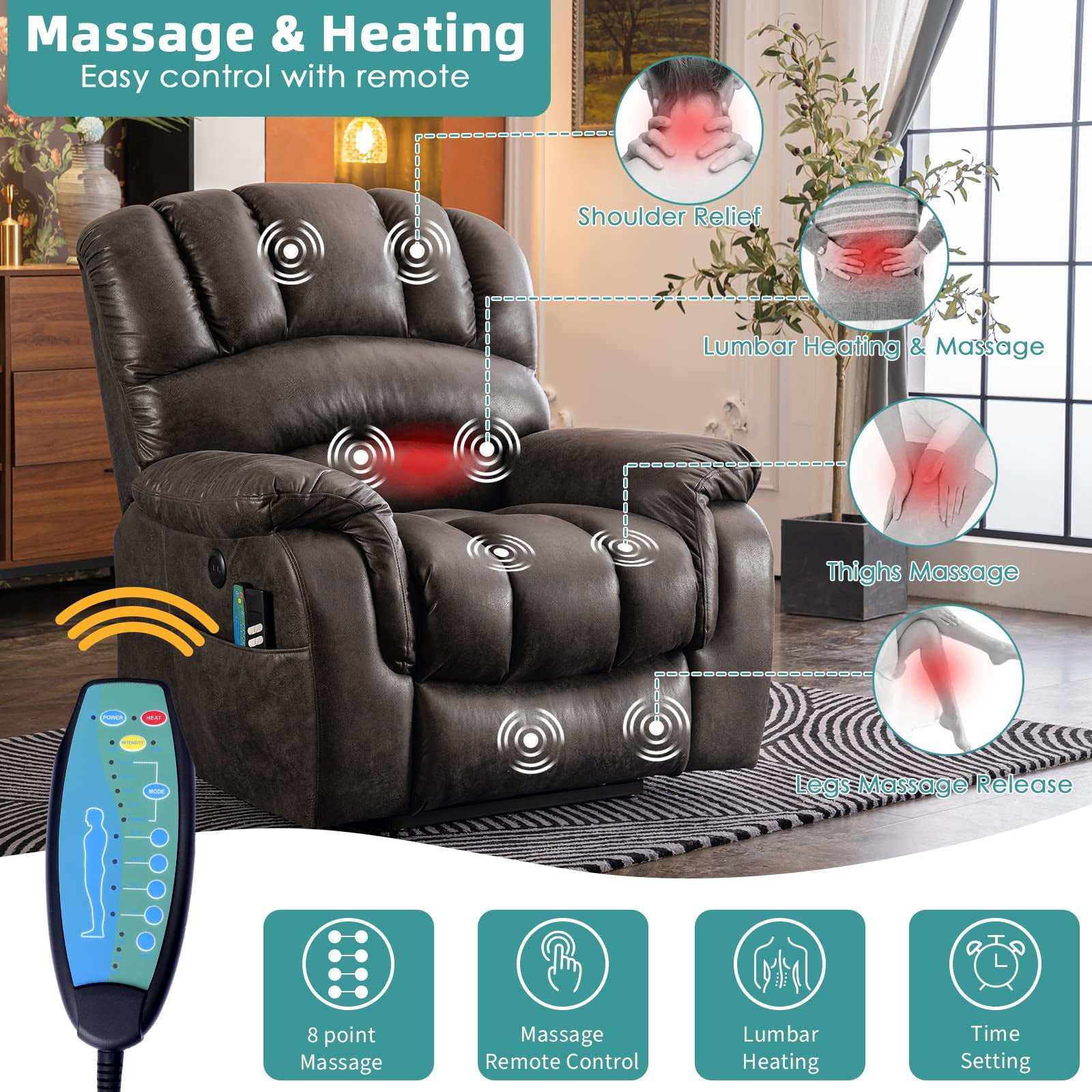 MEETWARM Large Dual OKIN Motor Power Lift Recliner Chair for Elderly Big Man, Lay Flat Sleeper Electric Recliner with Massage and Heat, Infinite Position/2 Remote Controls/USB Port/Side Pockets(Gray)