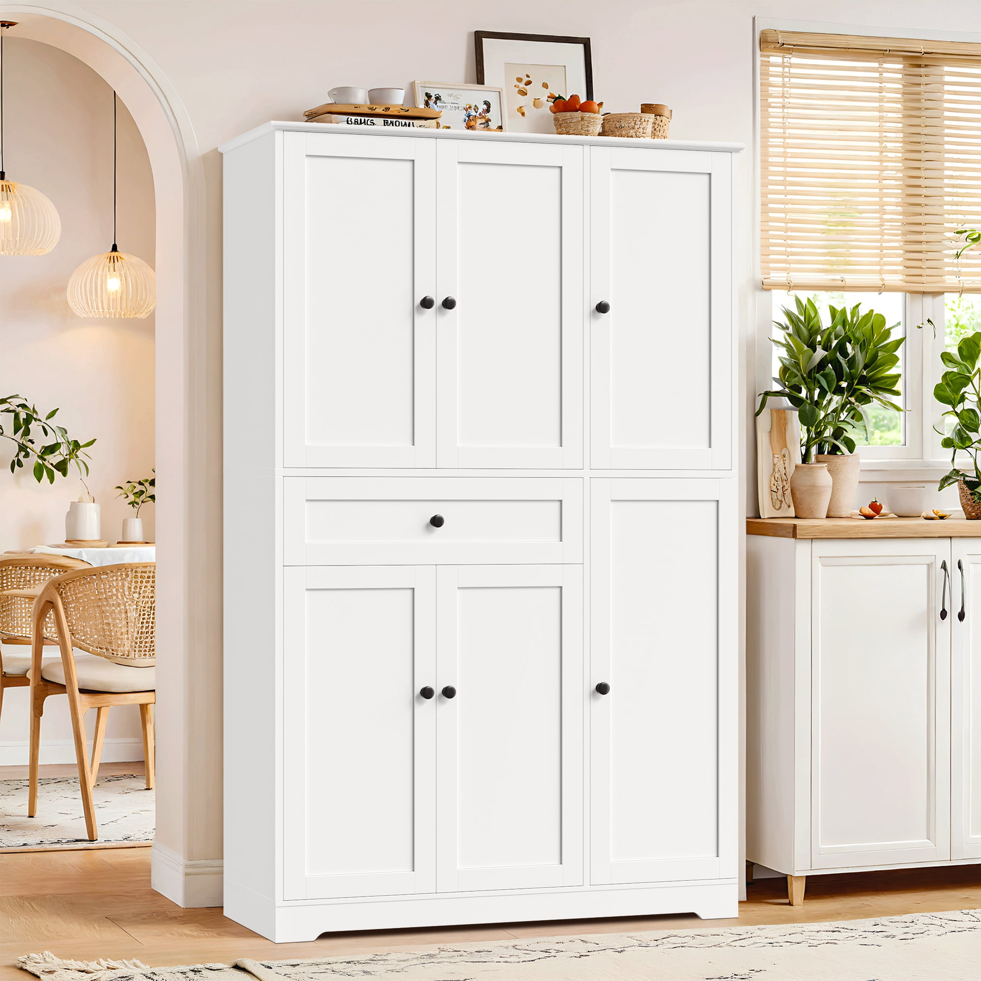 Homfa Kitchen Pantry Storage Cabinet, 68" Food Pantry Cabinet with Drawer and Door Shelf, 6 Door Freestanding Cupboard Buffet for Dining Room, White