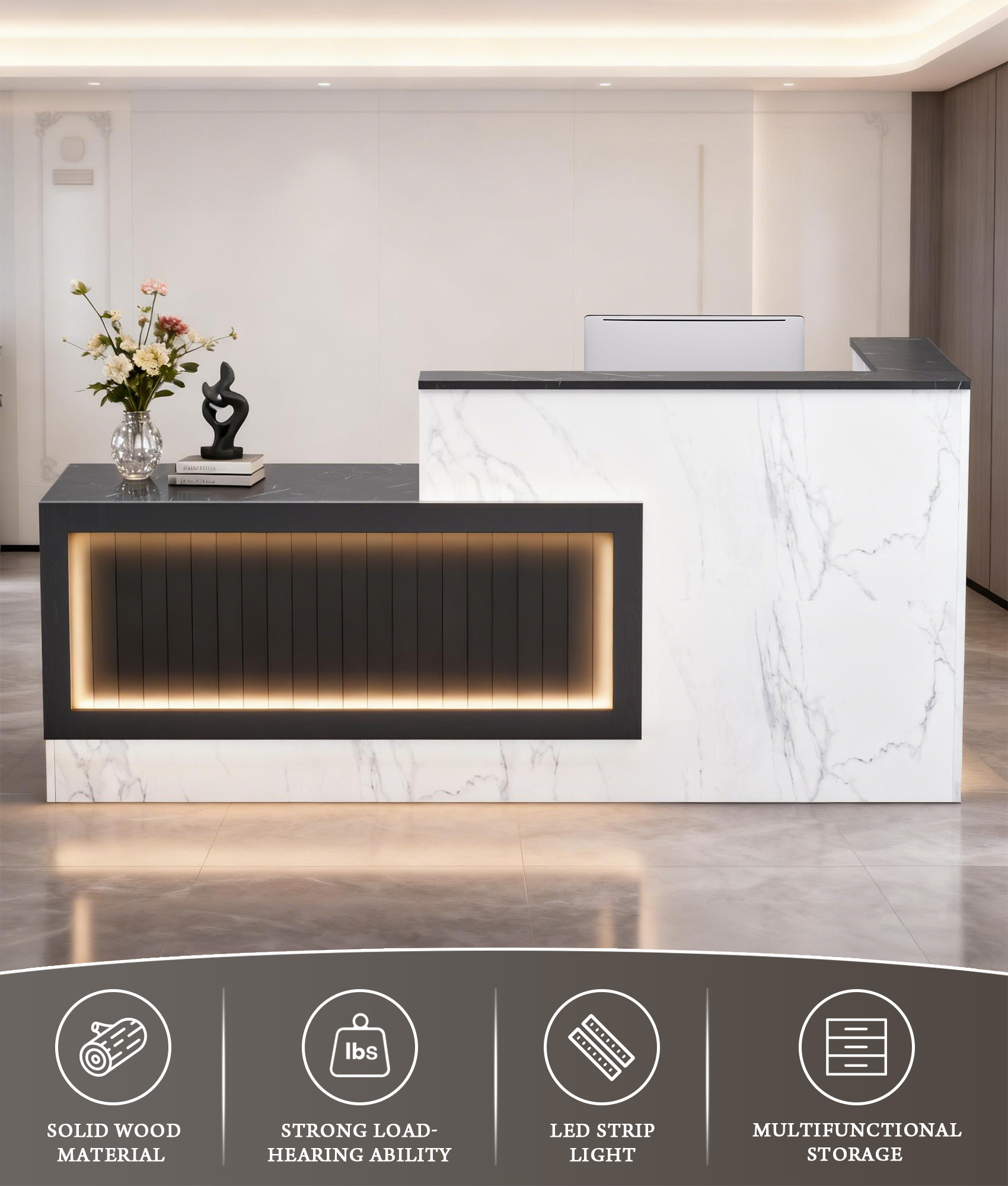 Esheno 71in L Shaped Reception Desk with Storage Drawers Tall Cabinet Lighting 71"H Multicolor for Office School