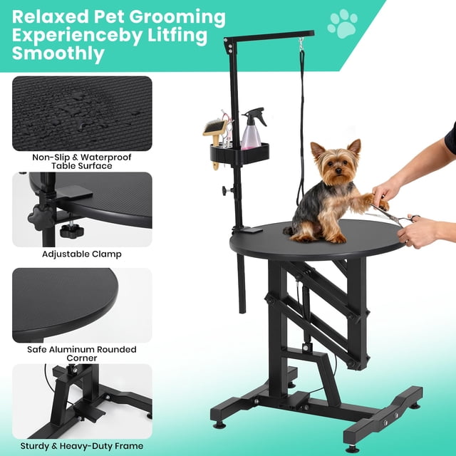 EDTara Professional 24 Inch Dog Grooming Table, Electric Hydraulic Lift With Foot Remote Control, Rotating Desktop, Overhead Arm, Tool Organizer, and 250 Lbs Capacity