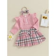 thumbnail image 3 of Bagilaanoe 3Pcs Newborn Baby Girls Fall Clothes Long Sleeve Ribbed Romper Tops + Plaid Skirt + Headband 3M 6M 9M 12M Infant Casual Skirt Set, 3 of 9