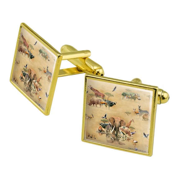 African Waterhole Animals Elephant Zebra Rhino Pattern Square Cufflink Set - Silver or Gold