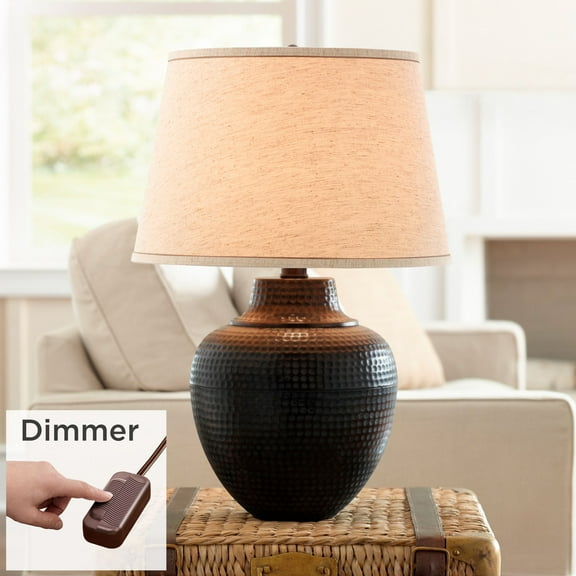 Barnes and Ivy Rustic Farmhouse Table Lamp 27 1/4" Tall with USB Dimmer Bronze Hammered Beige Drum Shade for Bedroom Living Room House Home Bedside