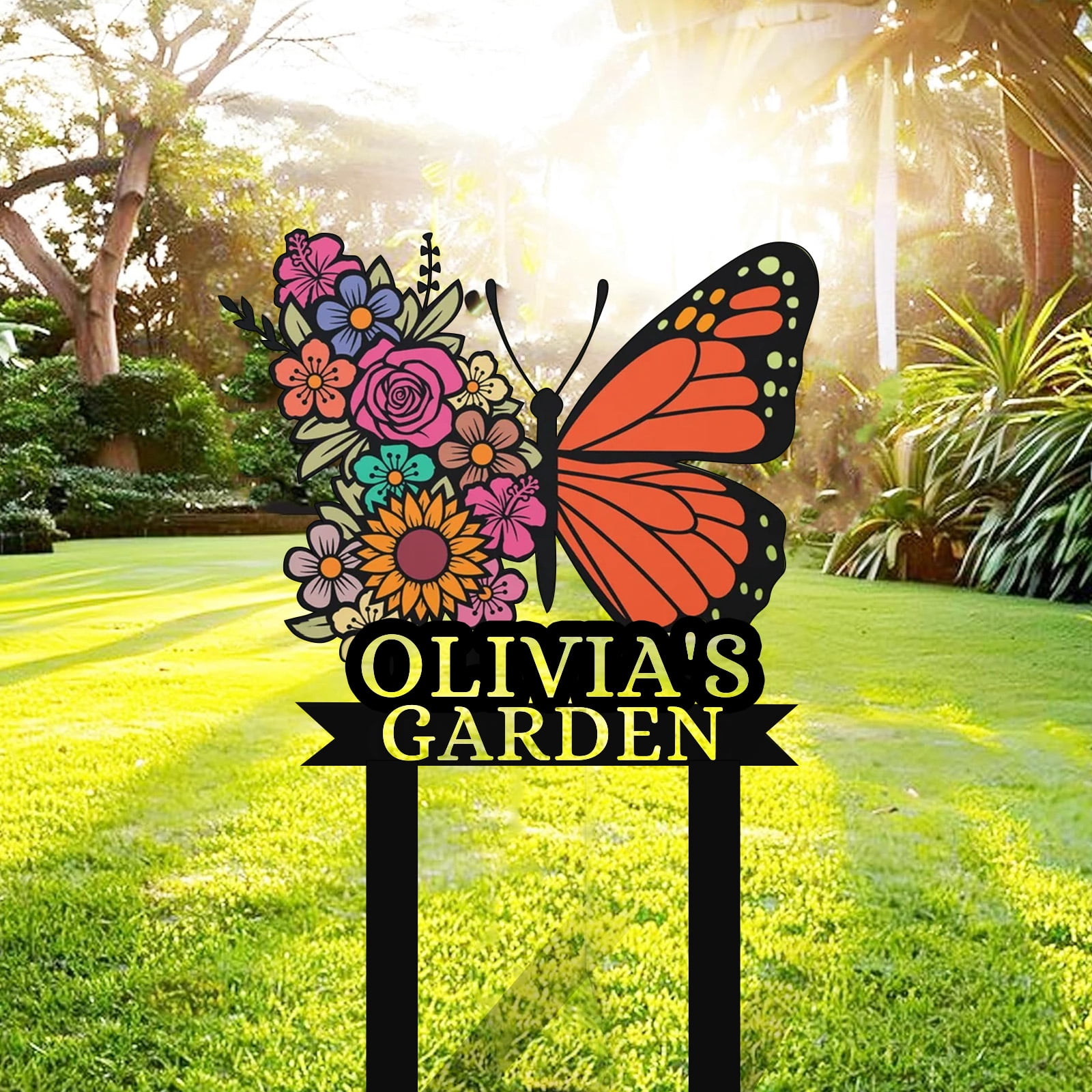 Personalized Garden Signs, Custom Metal Colorful Butterfly Garden Sign for Outside, Butterfly Garden Stake Metal Sign Garden Name Sign, Garden Decor Sign Yard Sign with Stakes(16inches-Nonporous)