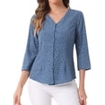 thumbnail image 1 of Blusa de mujer Inspire Chic con cuello en V, mangas 3/4, estampado de lunares y corazones, parte delantera con botones, azul denim L, 1 of 6