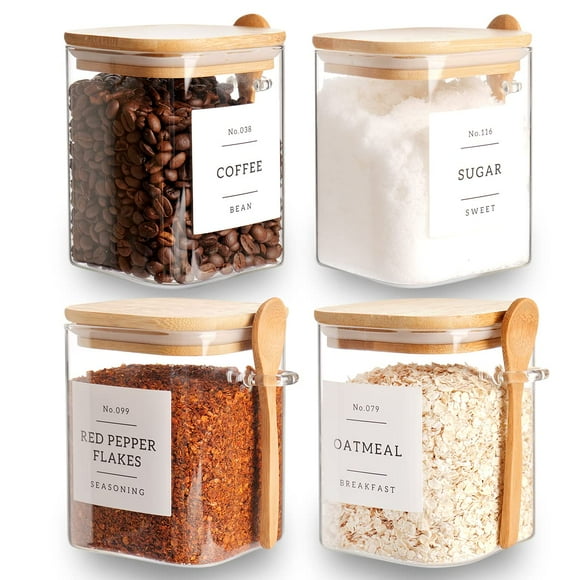 Juego de tarros de vidrio CZZGSM cuadrados de 800 ml con tapa de bambú y cuchara, 4 unidades