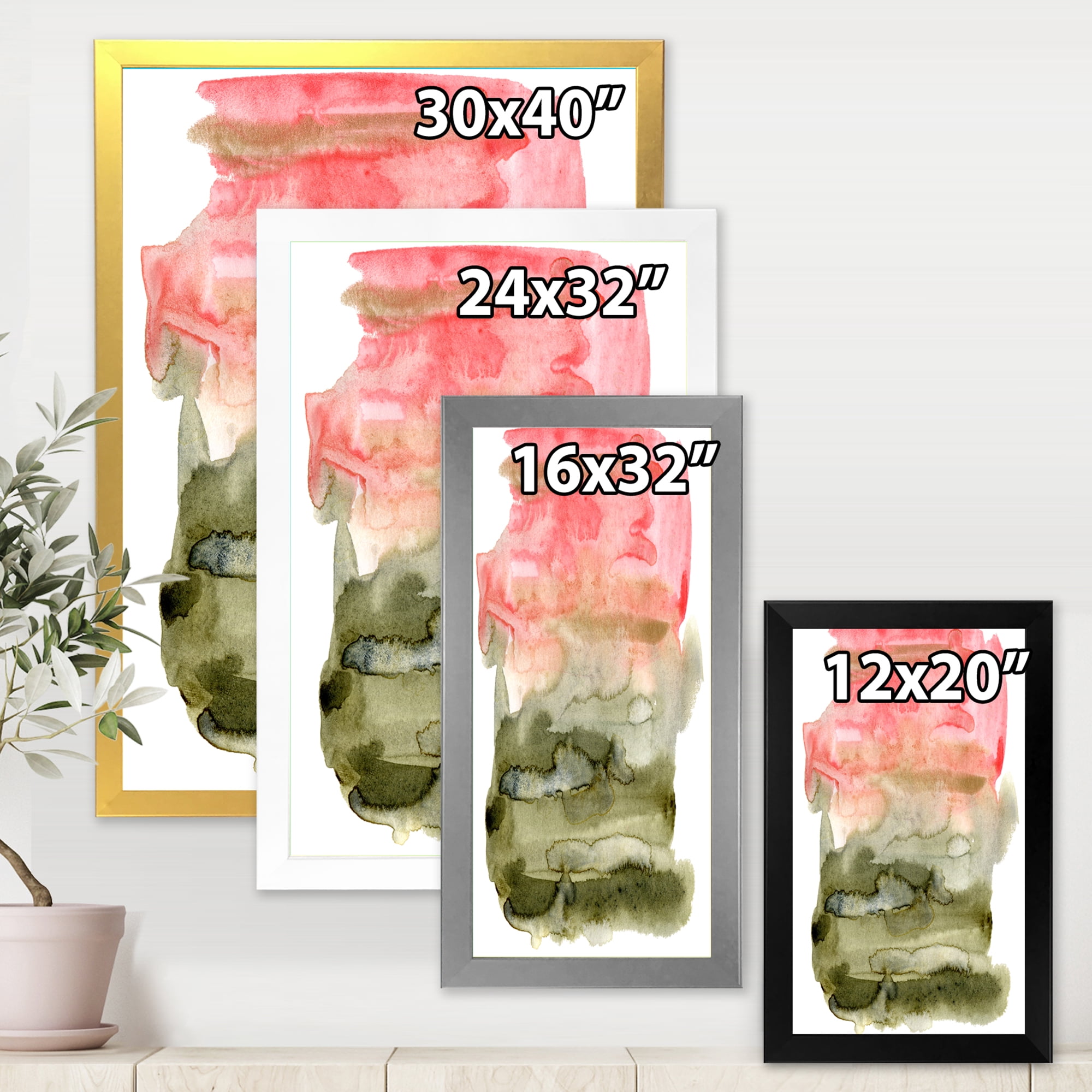 Designart 'Red Pink and Green Abstract Clouds' Modern Framed Art Print