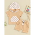 thumbnail image 2 of Biekopu Toddler Girls Boys Shorts Sets Short Sleeve Checkerboard Print Hooded Tops and Drawstring Shorts Sets, 2 of 8