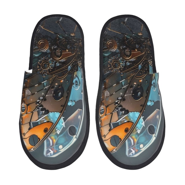 Fotbe Steampunk Mechanical Butterfly Pantuflas Peludas para Mujer con Estampado, Zapatillas de Peluche, Zapatos de Invierno para Casa, Uso Interior y Exterior-Large