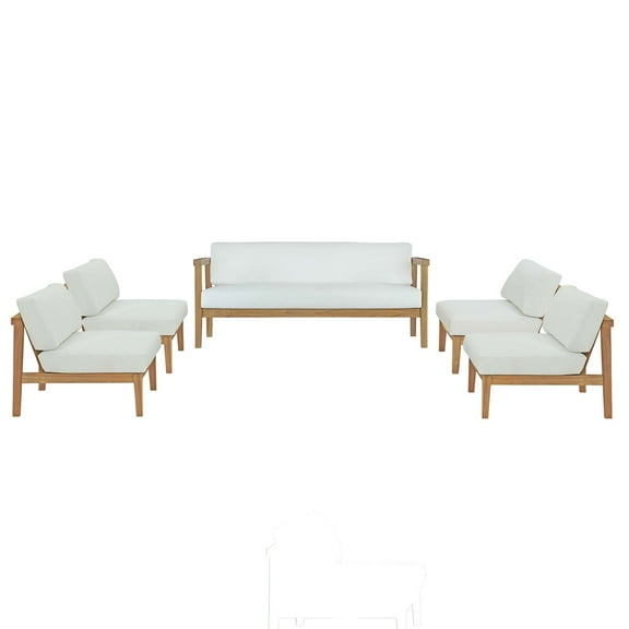 Lounge Sectional Sofa Chair Table Set, White Natural, Teak Wood, Fabric, Modern Contemporary, Outdoor Patio Balcony Cafe Bistro Garden Furniture Hotel Hospitality
