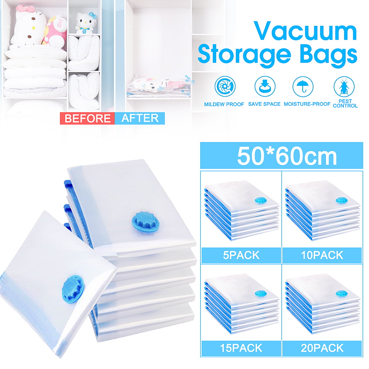 Home Strong Vacuum Storage Seal Bags Saving Space VAC Reusable Compressed Bag 