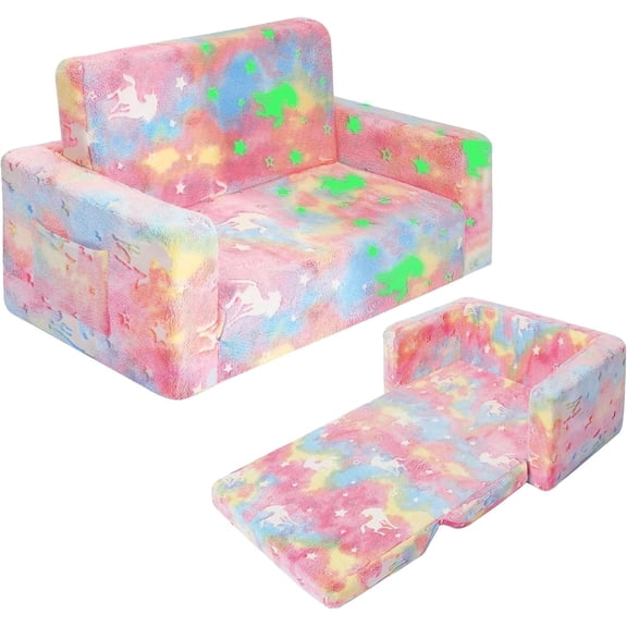 Kids Couch Toddler Chair Folding, Soft Couch 2 in 1 Kids Sofa Glow in The Dark Couch, Gifts Sleeper for Girls Boys - Pink Unicorn