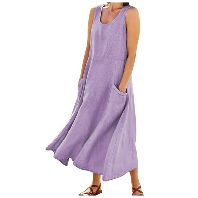 CHOK Robes d'Été Décontractées Femmes Coton Lin à Fleurs Robe Maxi Femme Sans Manches Débardeur Longue Fluide Robe Bohème Robes d'Été Fluides pour Adolescentes avec Poches Gris Foncé 3TG