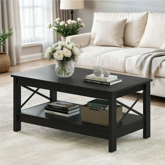 Wooflex Wood Farmhouse Coffee Table with 2-Tier Open Shelf – Black – Living Room & Home Office