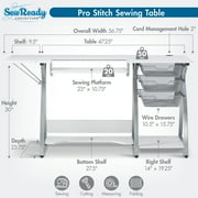 Sew Ready Pro Stitch Adjustable Sewing Machine Table with 3 Storage Drawers, White/Silver