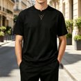 thumbnail image 2 of Fwqbns Men's Notch Neck T-Shirt Short Sleeve Split Crew Neck Tee Minimalist Solid Color Casual Summer Top Black, 2 of 5