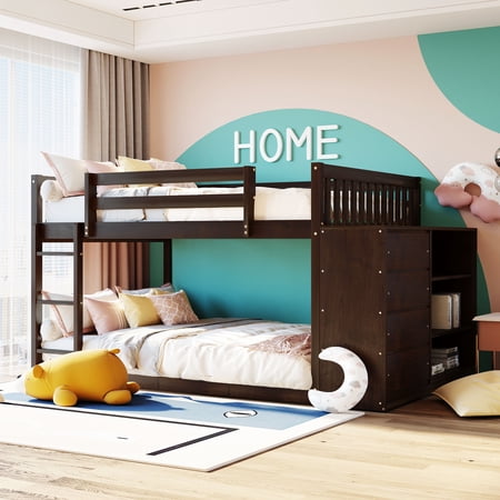 UWR-Nite Full Over Full Bunk Bed with Storage  Wood Floor Bunk Beds with 4 Drawers and 3 Shelves  Low Bunk Bed  Full Loft Bed for Kids  Girls Boys  Teens  Adults