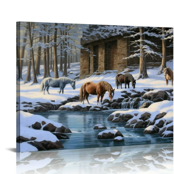 Acheng Western Horse Art Rustic Style Horse Herd River Vintage Painting Poster Canvas Wall Art Pictures for Living Room Bedroom Decor 20x16in