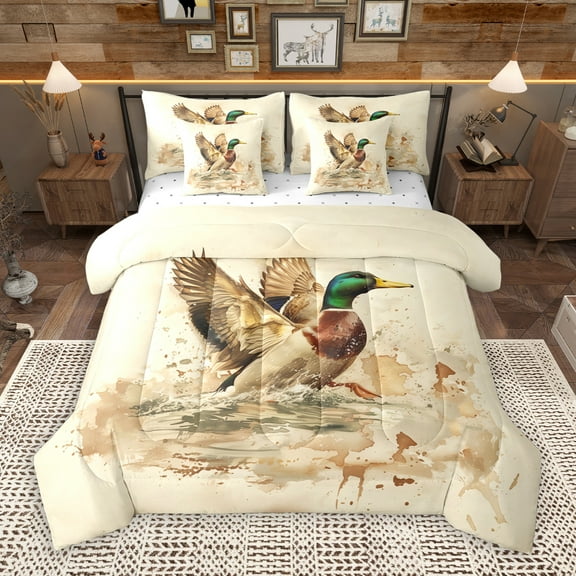 Manfei Rustic River 7-Piece Twin Bedding Sets,Brown Mallard Duck Bedding Comforter Set,Country Farmhouse Lodge Sheet Sets For Men Women,Microfiber Bedroom Decor Reversible