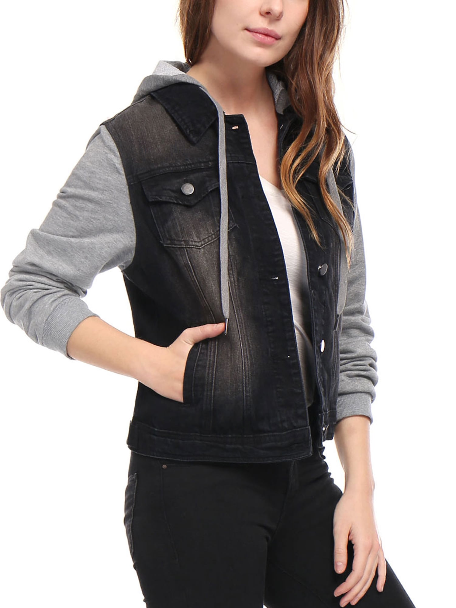 DARING DIVA Women's Layered Outerwear Hooded Denim Jacket L Black