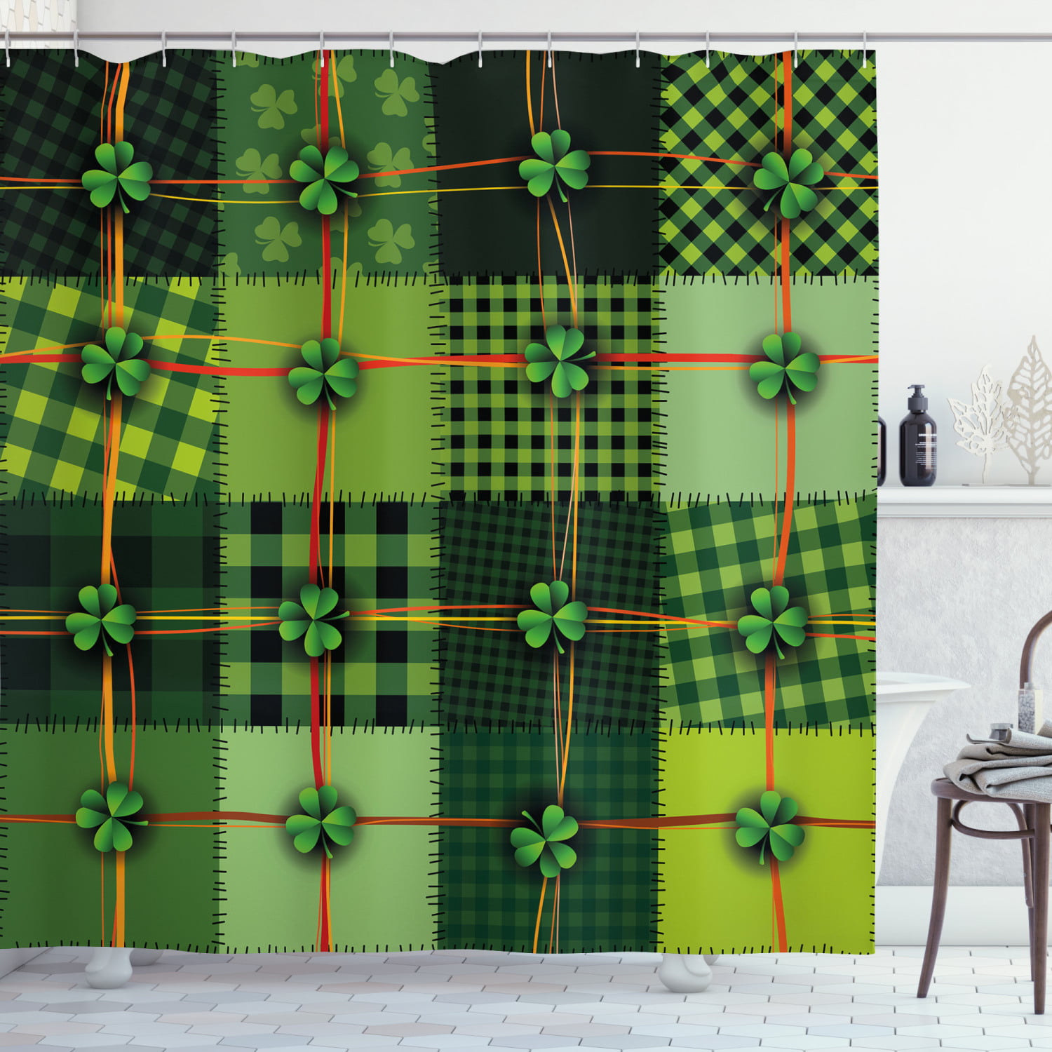 Waterproof Fabric Shower Curtain Bath Mat St Patrick's Day Green Clover Theme 