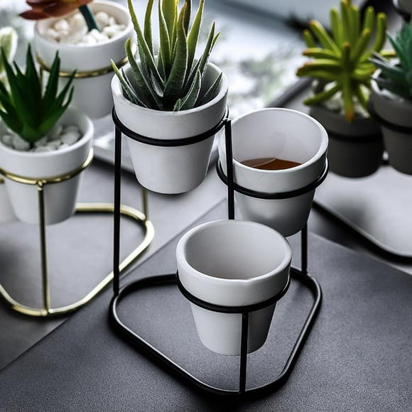 3 macetas de cerámica para macetas suculentas, moderno contenedor de cactus para interiores con soporte metálico, con mini orificios de drenaje Negro A