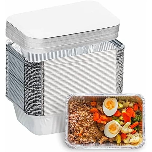 Aluminum Pans with Lids (50-Pack, 8.5"×6") 2.25 LB Capacity Foil Food Containers with Lids - 50 Pans and 50 Cardboard Covers - Disposable Tin Foil Pans - for Baking