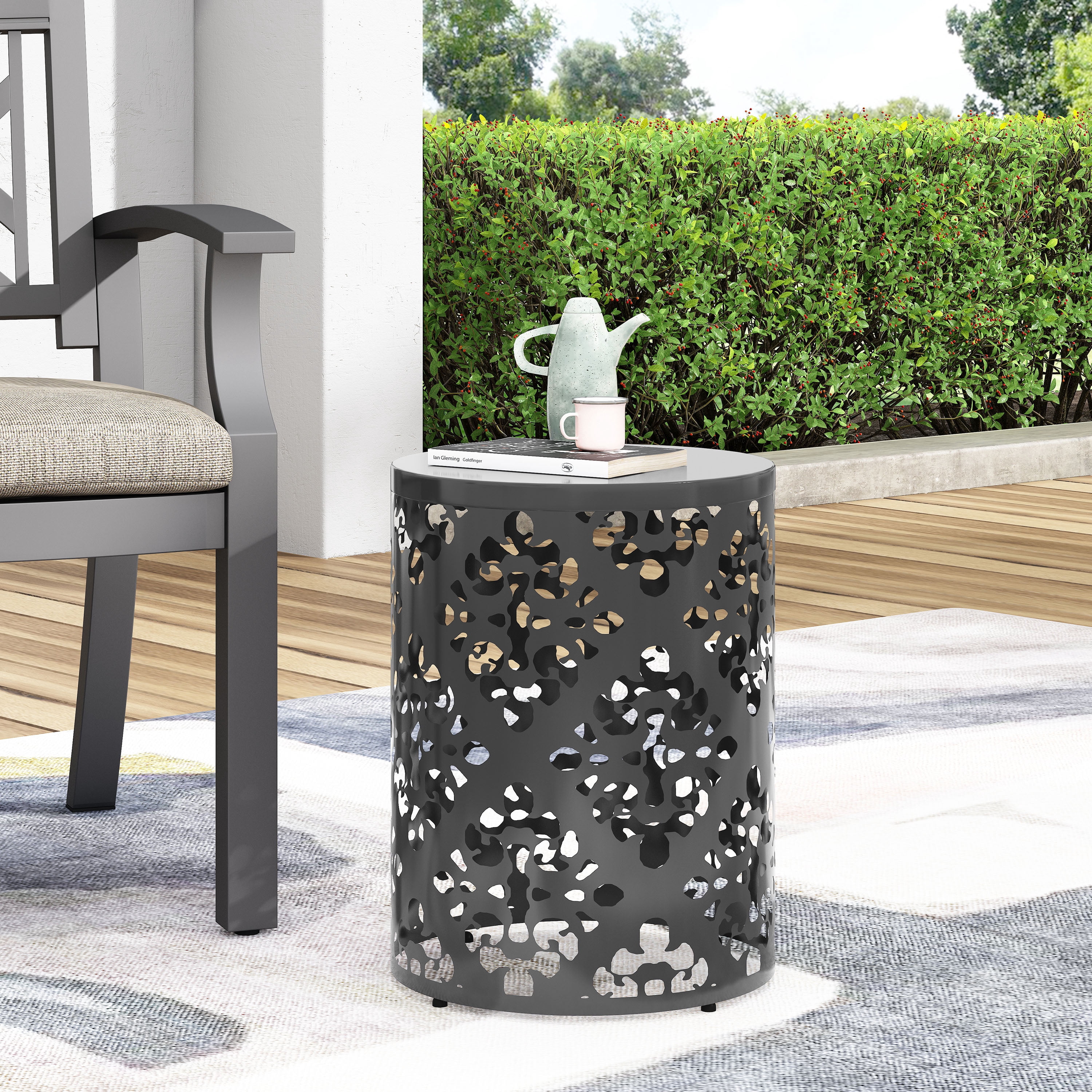 Outdoor Large Cylindrical Side Table, Floral Pattern Hollow Out Iron Tabletop for Patio Garden, Black