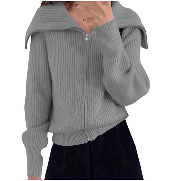 WRKEKC Cardigan Sweaters for Women Trendy Casual Solid Color Long Sleeve Zipper Front Open Cardigan Jacket Top for Fall