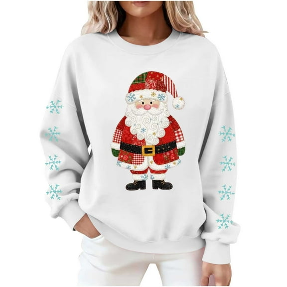 Atogsazn Women's Santa Christmas Sweatshirt Oversized Fleece Long Sleeve Pullover Sweater Fall Clothing Tops 01-White L Fashion