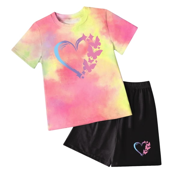 Pimfylm Toddler Girl Clothes Girls Summer Outfits Tie Dye Set Cap Sleeve T Shirt Waist Shorts 2 Piece Clothing Sets Size for 7-8 Years,Hot Pink
