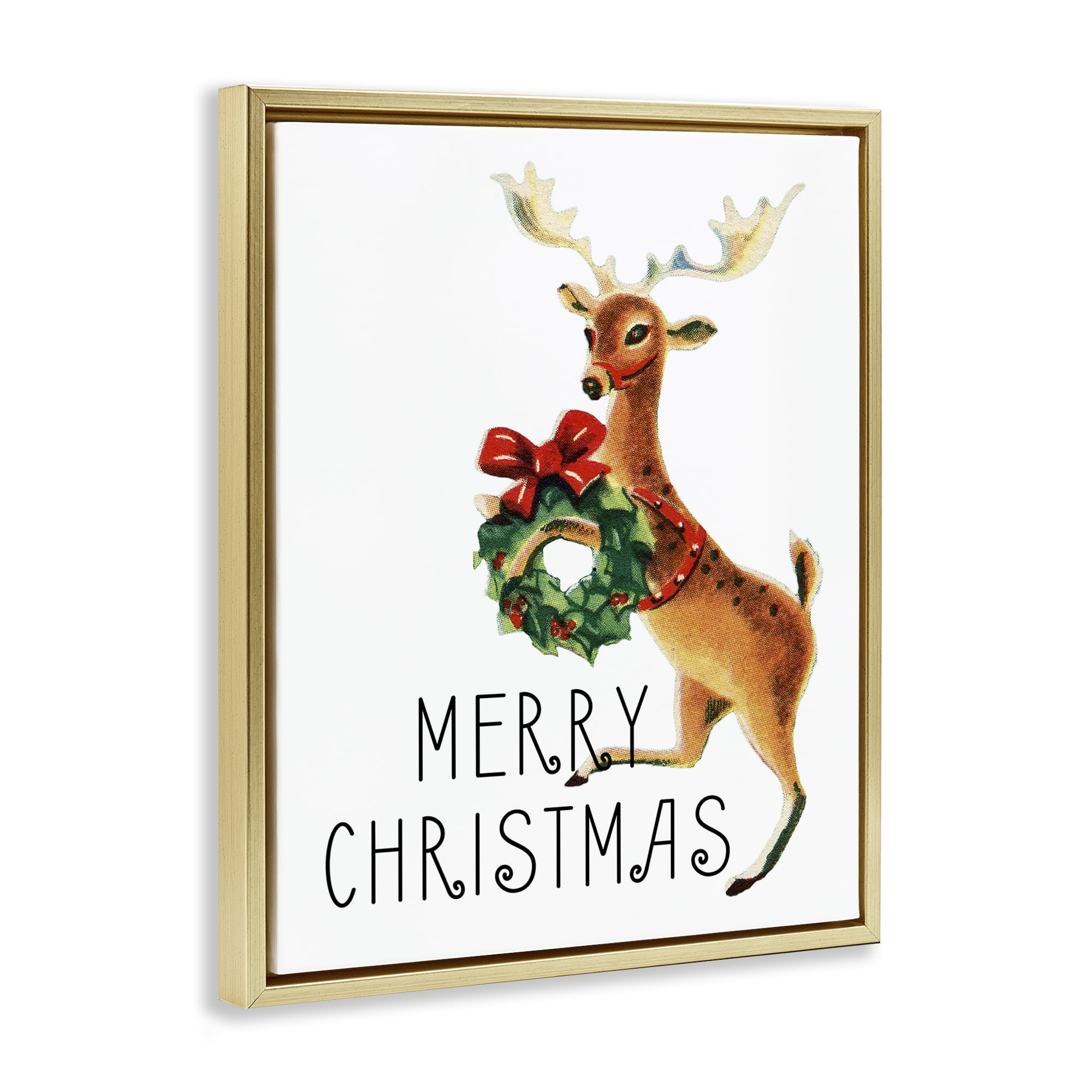 Stupell Industries Merry Christmas Reindeer Holiday Painting Gold Floater Framed Art Print Wall Art, 25 x 31