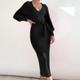thumbnail image 4 of Vestido Vestido ajustado con cuello en V Vestido de punto para mujer con cinturón Túnica Vestido largo Traje de vacaciones Cgtredaw Negro T M para Mujer, 4 of 5