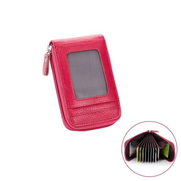 GOOHOCHY Credit Case Organizer Holder Leather Zip Security Wallet Bag (Rose Red)