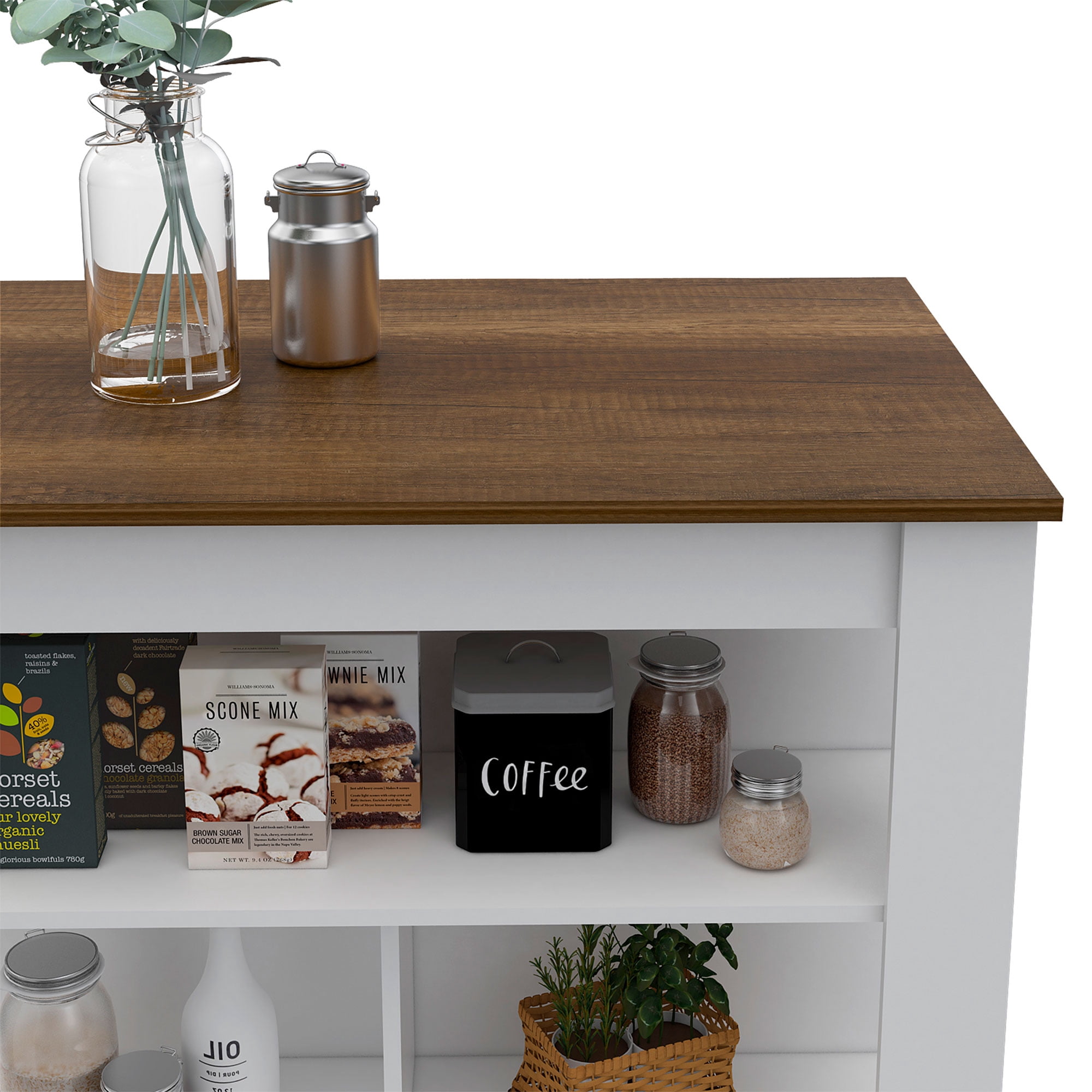 TUHOME Cala Spacious Wooden Top Kitchen Island w/3 Shelves, White & Caramel