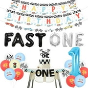 Fast One Birthday Decorations Vintage Car Include Retro Pastel Balloons, Happy Birthday Banner, Race Car Garland, High Chair Banner, Cake Topper, Fast One Foil Balloons, Lets Go Racing Birthday Decor