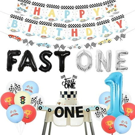 Fast One Birthday Decorations Vintage Car Include Retro Pastel Balloons, Happy Birthday Banner, Race Car Garland, High Chair Banner, Cake Topper, Fast One Foil Balloons, Lets Go Racing Birthday Decor
