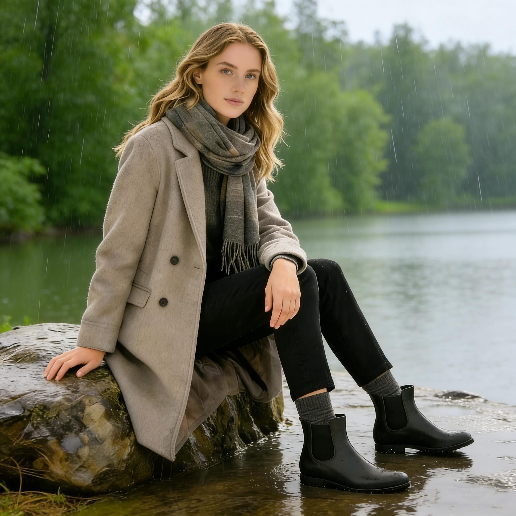 Comwarm Women's Ankle Rain Boots Waterproof Chelsea Boots, Black, Size 8.5
