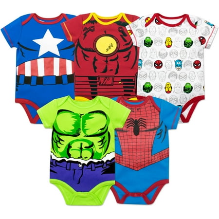 Marvel Baby Boys' 5 Pack Bodysuits - The Hulk, Spiderman, Iron Man and Captain America (12 Months)